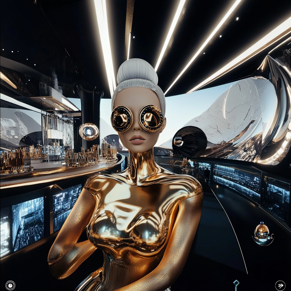 Futuristische gouden AI-figuur in een luxe ruimteschip-lounge