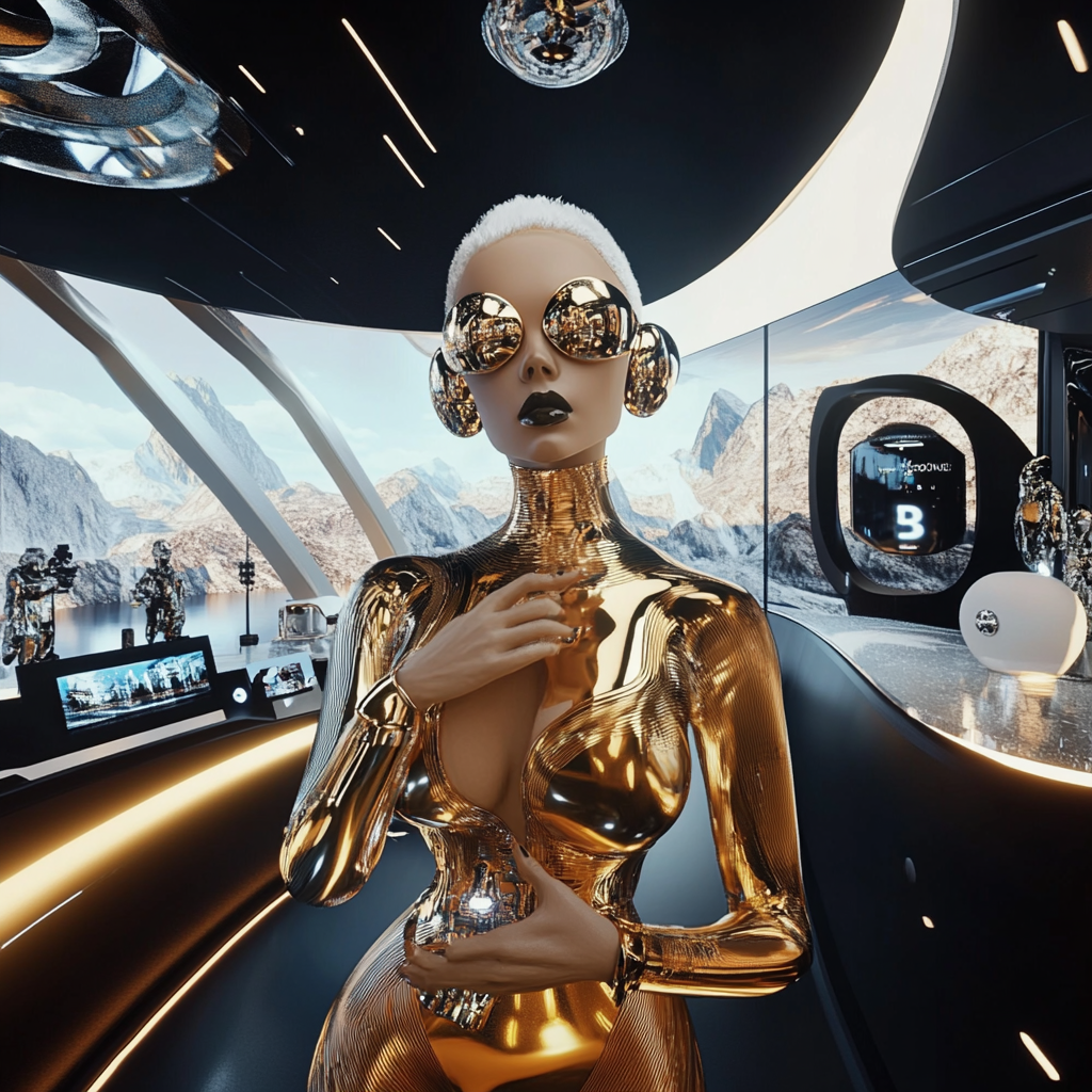 Futuristische gouden AI-figuur in een luxe ruimteschip-lounge